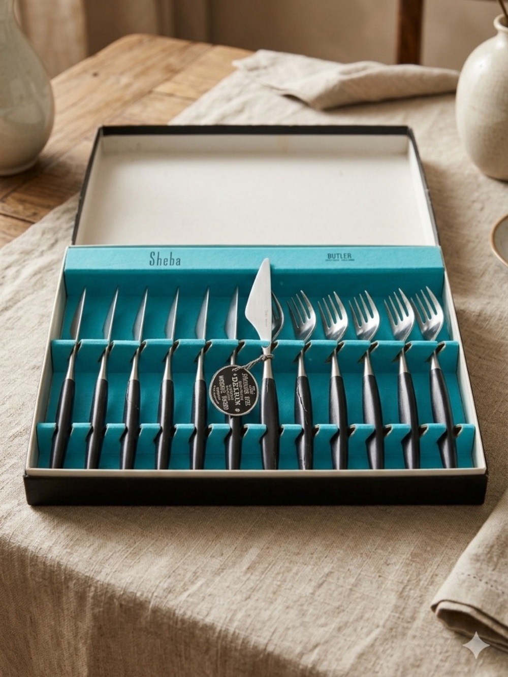 George Butler Sheba Cutlery Set Sheffield England NIB Black Delrin 12pc